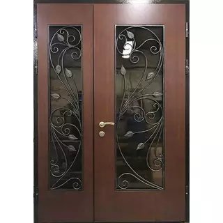 Двустворчатая стальная дверь с декоративной кованой решеткой